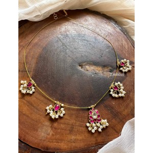 Kundan Jadau Flower Invisible Chain Neckpiece - Red