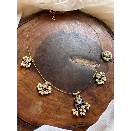 Kundan Jadau Flower  Invisible Chain Neckpiece - Blue