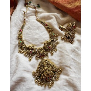 Gold alike Kundan jadau Lakshmi Peacock Intricate Hasli Neckpiece - Gold Beads