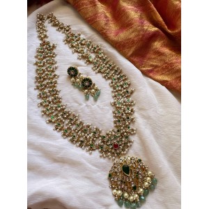 Royal Kundan Jadau Flower Intricate Pendant Pearl Layer Long Neckpiece - Green