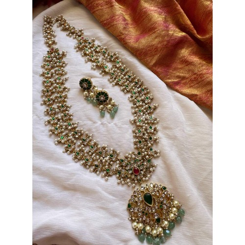 Royal Kundan Jadau Flower Intricate Pendant Pearl Layer Long Neckpiece - Green