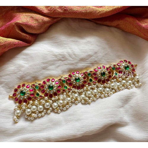 Kundan Jadau Bold Flower Pearl Bead High Neck Choker 