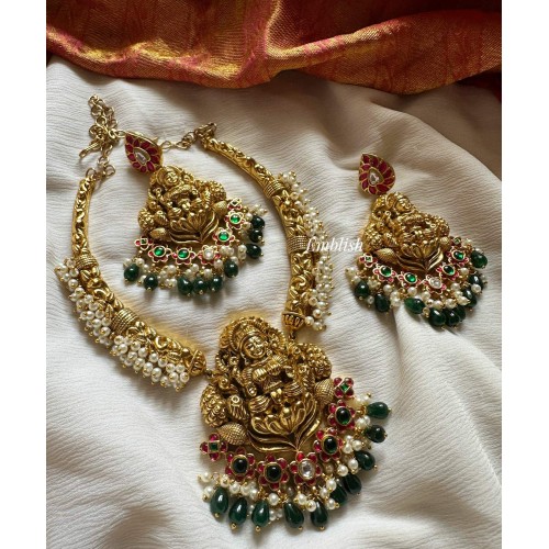 Gold alike Kundan Jadau Lakshmi with Peacock intricate Hasli Neckpiece - Green Beads