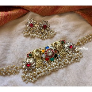 Royal Kundan Jadau Flower Peacock Navarathna Pearl Choker 