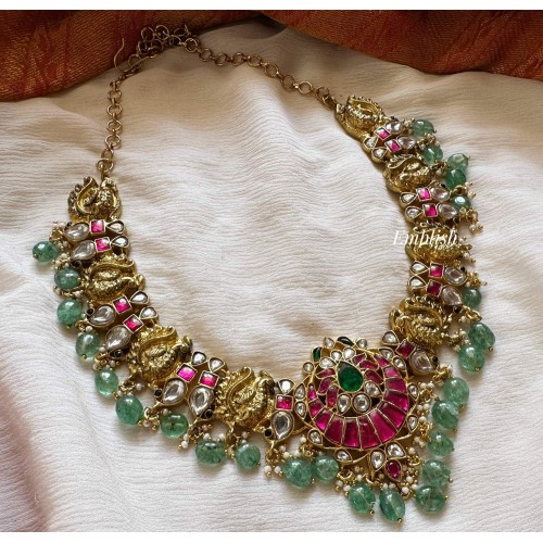 Royal Antique Kundan Jadau Flower Annam Short Neckpiece - Pastel Bead