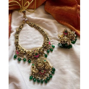 Kundan Jadau Lakshmi with 3D Peacock Neckpiece - Green Beads