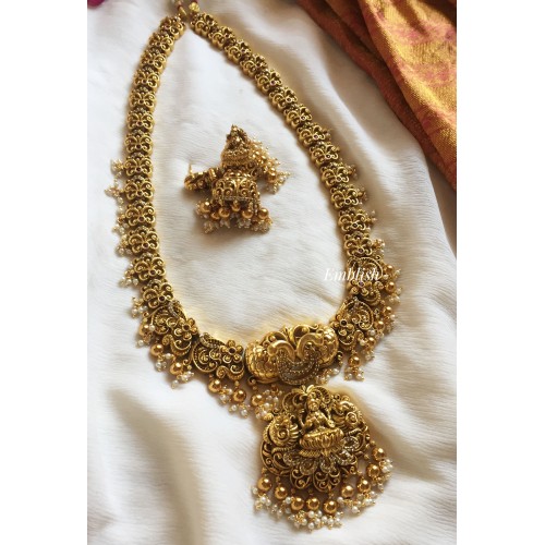 Antique 3D Lakshmi with Double Peacock Long Neckpiece - Gold Beads