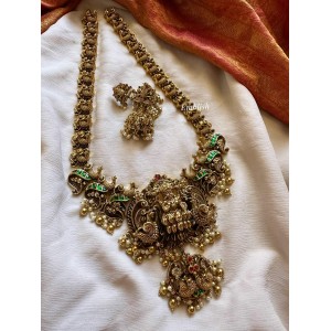 Grand Antique Kundan Jadau Lakshmi with 3D Peacock Intricate Long Neckpiece - Green