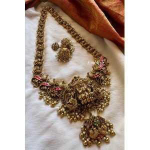 Grand Antique Kundan Jadau Lakshmi with 3D Peacock Intricate Long Neckpiece - Red with Green