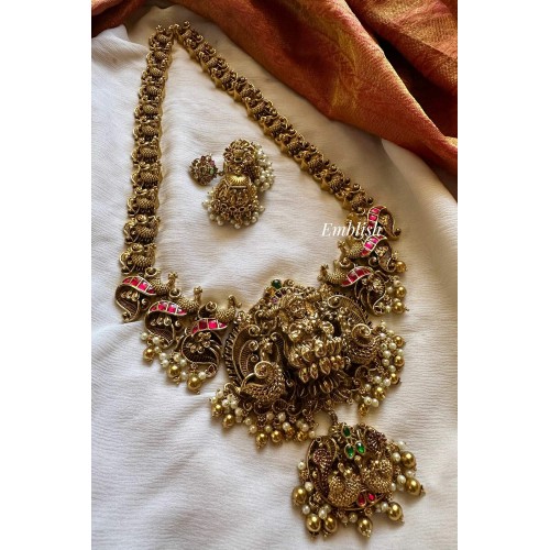 Grand Antique Kundan Jadau Lakshmi with 3D Peacock Intricate Long Neckpiece - Red with Green