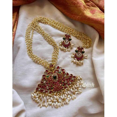 Royal Kundan Jadau Double Peacock Pendant with Rice Pearl Mala Neckpiece