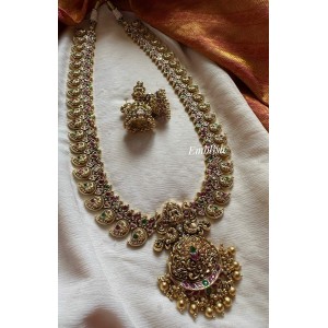 Antique Double Peacock Lakshmi Mango Long Neckpiece - Gold Beads