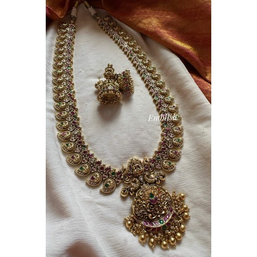 Antique Double Peacock Lakshmi Mango Long Neckpiece - Gold Beads