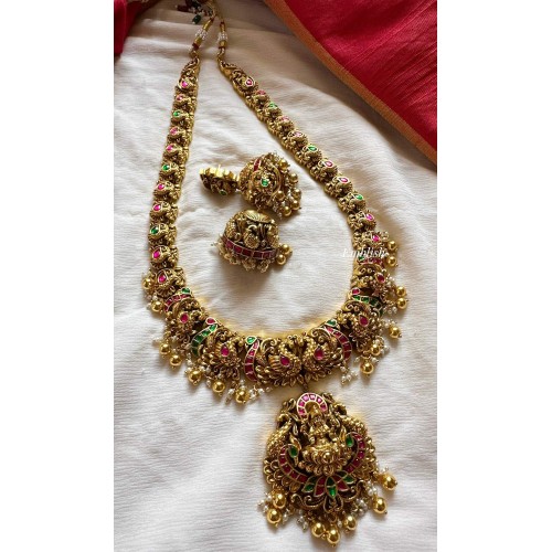 Kundan Jadau Lakshmi with Double Peacock Intricate Long Neckpiece - Gold Beads.