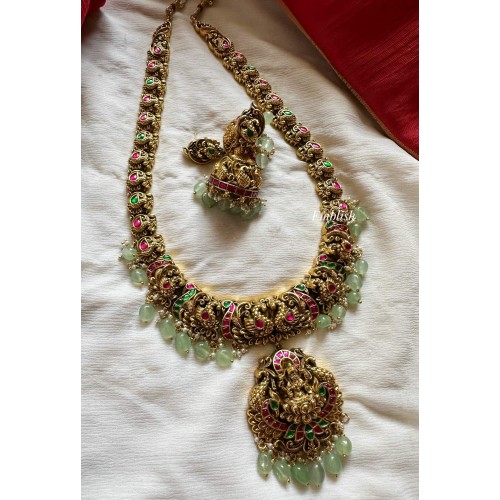 Kundan Jadau Lakshmi with Double Peacock Intricate Long Neckpiece - Pastel Beads.