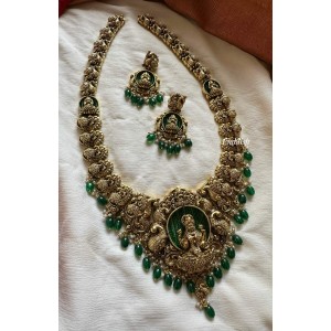 Real Gold Inspired Lakshmi AD Stone Green Bead Neckpiece - Long