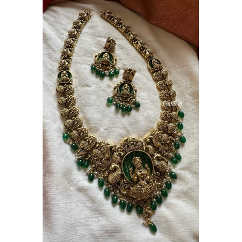 Real Gold Inspired Lakshmi AD Stone Green Bead Neckpiece - Long