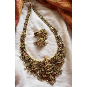 Gold alike Antique Kundan Jadau Lakshmi Mahal Peacock Intricate Long Neckpiece - Gold Beads