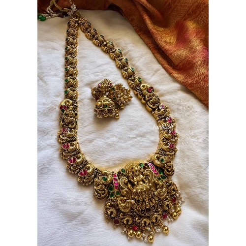 Gold alike Kundan Jadau Lakshmi with Double Peacock Long Neckpiece - Gold Beads