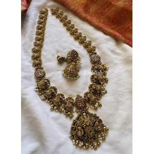 Antique Kemp Intricate Flower with 3D Double Peacock Non Idol Long Neckpiece - Gold Beads