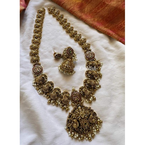 Antique Kemp Intricate Flower with 3D Double Peacock Non Idol Long Neckpiece - Gold Beads