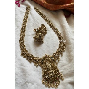 Gold alike Antique Lakshmi intricate with Peacock Long Neckpiece - Gold Drops