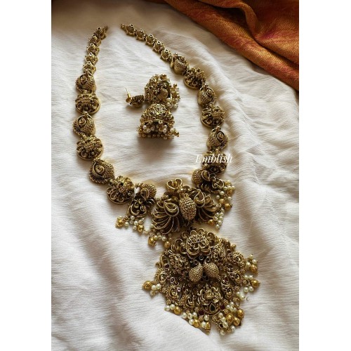 Antique Flower 3D Peacock Lakshmi Intricate Long Neckpiece - Gold Beads