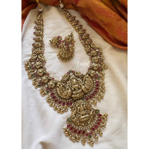 Grand Royal Kemp Gold alike Bold Lakshmi Double Pendant Annam Bridal Long Neckpiece