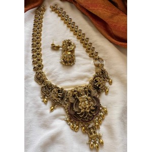 Grand Antique Lakshmi with 3D Peacock Haathi Rice Pearl Long Neckpiece