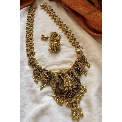 Grand Antique Lakshmi with 3D Peacock Haathi Rice Pearl Long Neckpiece