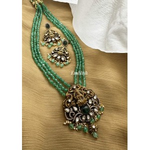 Victorian Antique Lakshmi Pendant Green Bead Mala Long Neckpiece