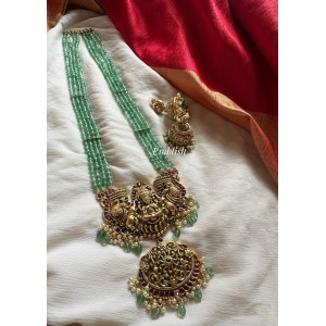 Gold alike Antique Kemp Lakshmi with Haathi Flower Pendant Green Bead Long Neckpiece