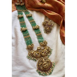 Grand Antique Double Peacock Lakshmi Pendant Green Bead Long Neckpiece