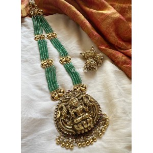 Antique Lakshmi Big Pendant Green Bead Long Neckpiece