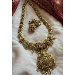 Antique AD Lakshmi Pendant Dancing Peacock Long Neckpiece - Gold Beads