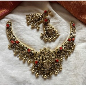 Gold alike Antique Coral Lakshmi Peacock Short Neckpiece - Gold Beads