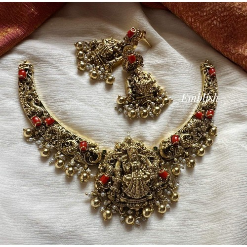 Gold alike Antique Coral Lakshmi Peacock Short Neckpiece - Gold Beads