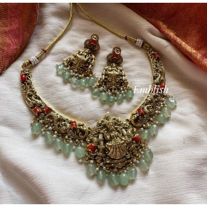 Gold alike Antique Coral Lakshmi Peacock Short Neckpiece - Pastel Beads