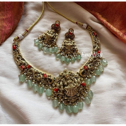 Gold alike Antique Coral Lakshmi Peacock Short Neckpiece - Pastel Beads