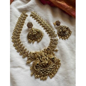 Gold alike Lakshmi Peacock Pendant Lakshmi Coin Neckpiece - Gold Beads