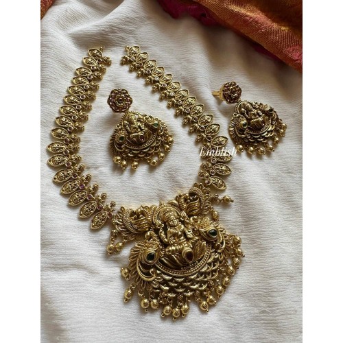 Gold alike Lakshmi Peacock Pendant Lakshmi Coin Neckpiece - Gold Beads