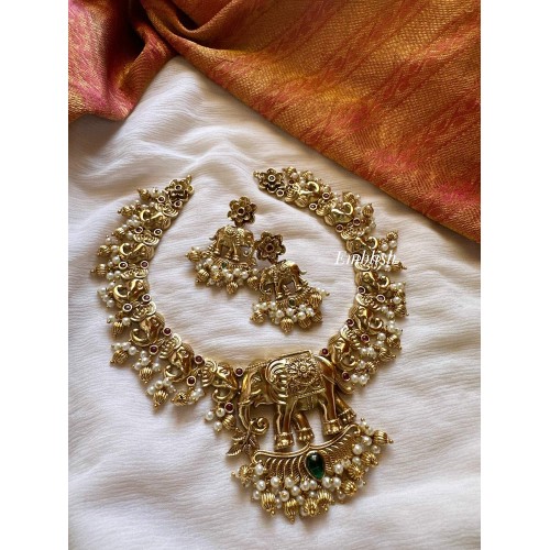 Gold alike Haathi Pendant Gold Drops Short Neckpiece