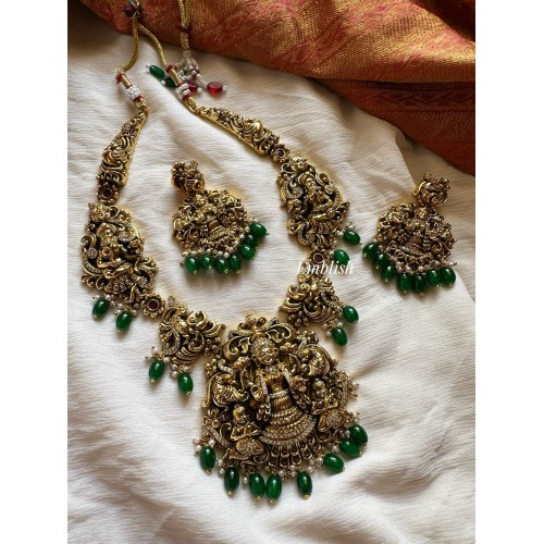 Gold alike Antique AD Lakshmi Temple Short Neckpiece - Green Beads