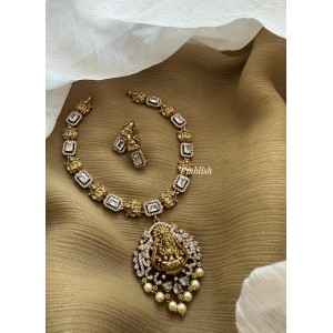 AD Antique Lakshmi Pearl Drop Short Neckpiece - White