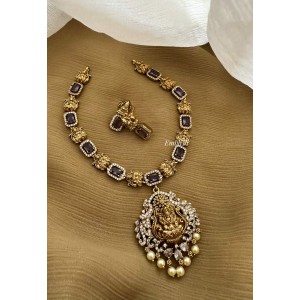 AD Antique Lakshmi Pearl Drop Short Neckpiece - Purple