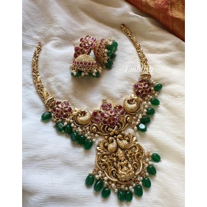 Lakshmi with Double Peacock Hasli Neckpiece - Green Beads