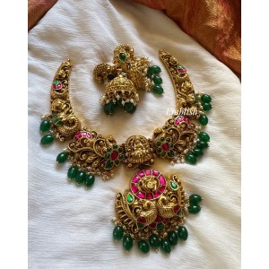 Kundan Jadau Gold alike Antique Lakshmi Double Peacock Short Neckpiece - Green Beads