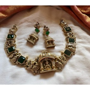 Gold alike Antique AD Lakshmi Mahal Peacock Short Neckpiece - Green