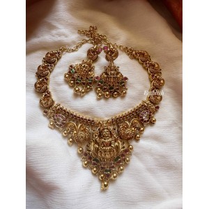 Mini Version Lakshmi with Double Peacock Mango Neckpiece - Gold Beads