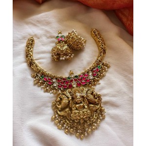 Gold alike Antique Kundan Jadau Lakshmi Double Peacock Neckpiece - Gold Beads